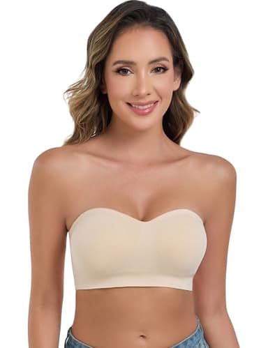 ANGOOL Strapless Bras for Women Wirefree Non-Slip Tube Top Invisible Bralette Seamless Padded Bandeau Bra, Beige, L