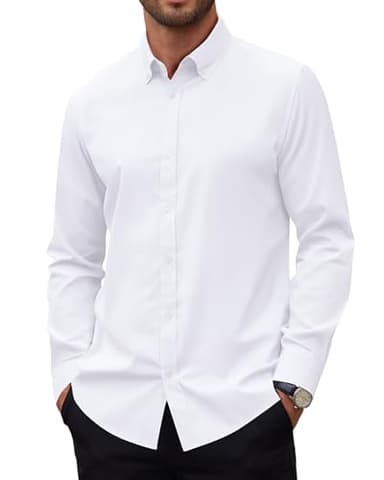 Alimens & Gentle White Oxford Shirts for Men Long Sleeve Stretch Cotton Dress Shirt Casual Church Work Button Down Shirts
