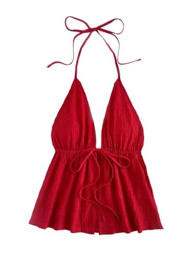 SOLY HUX Women's Plus Size Halter Tops Y2k Tie Front Peplum Split Summer Going Out Cami Top Beachwear Plain Red XX-Large Plus