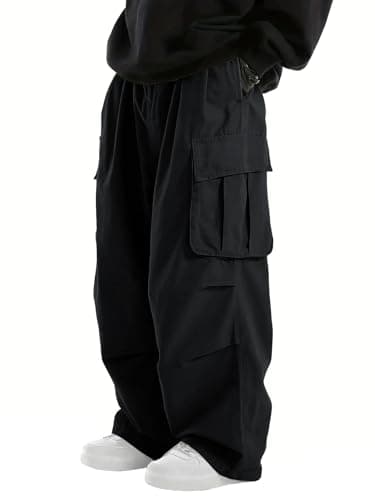 WZIKAI Men's Baggy Cargo Pants Elastic Waist Drawstring Parachute Cargo Pants Casual Loose Fit Joggers Hiking Hip Hop Pants with Pockets Black M