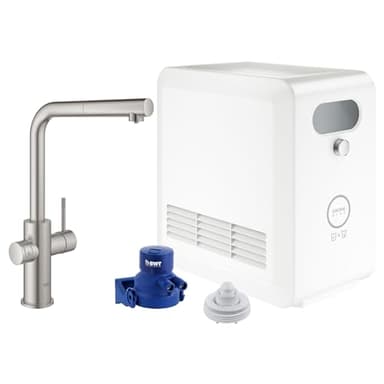 GROHE 31608DC2 Blue Single-Handle Pull-Out Kitchen Faucet Single Spray with Chilled & Sparkling Water, 1.75 GPM, Supersteel