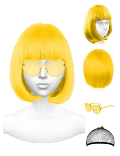 NSODREEM Yellow Wig and Party Sunglasses, Cosplay Color Bob Wig Party Rainbow Wigs with Neon Glasses for Women - Bachelorette Party Wigs Decorations Favors (Yellow)