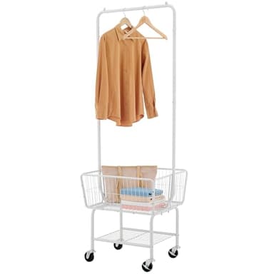 Tajsoon Laundry Cart with Hanging Rack, Metal Laundry Basket with Wheels, Laundry Hamper with Storage Basket and Shelf, Rolling Laundry Cart with Wheels, White
