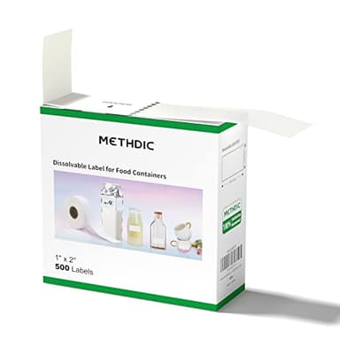 Methidc Dissolvable Food Storage Labels ，Dissolves in Water in 30 Seconds - No Adhesive Residue - Perfect for Glass, Metal, Plastic Containers ，Blank White 1 X 2 Inch 500 Stickers(1 Roll)