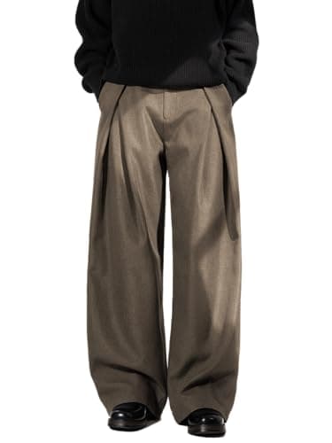 Mens Pleated Wide Leg Old Money Baggy Pants Casual Zipper Fly Pants Elastic Waist Loose Fit Fall Long Trousers with Pockets Deep Grey