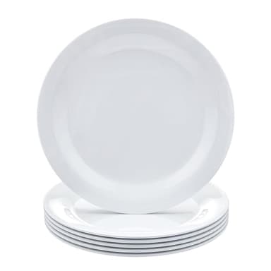 Amazon Basics Melamine Plate, Dishwasher Safe, Food Safe, BPA Free, 10.5 in, White, 6-Piece Set