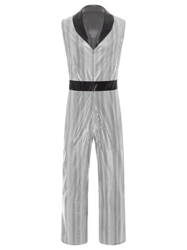 Lorilida Mens Retro 70s Disco Jumpsuit V Neck Sleeveless Wide Leg Bodysuit Hippie Music Festival Jazz Party Costume Silver Medium