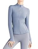 Gacaky Women's Slim Fit Workout Running Track Jackets Full Zip-up Yoga Athletic Jacket with Thumb Holes Light Blue M