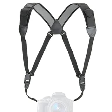 USA Gear DSLR Camera Strap Chest Harness with Quick Release Buckles, Black Neoprene Pattern and Accessory Pockets - Compatible with Canon, Nikon, Sony and More Point and Shoot and Mirrorless Cameras