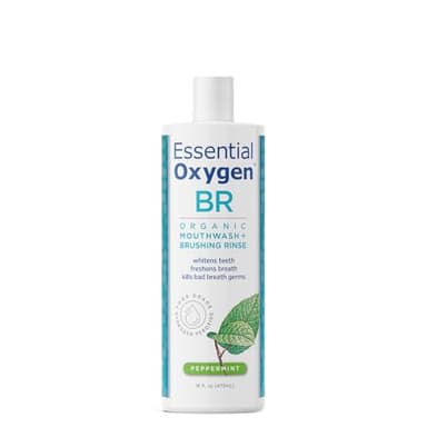 Essential Oxygen Certified BR Organic Brushing Rinse, All Natural Mouthwash for Whiter Teeth, Fresher Breath, and Happier Gums, Alcohol-Free Oral Care, Peppermint, 16 Ounce, Package may vary