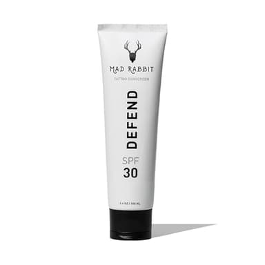Mad Rabbit Defend Tattoo Sunscreen- SPF 30 100mL Tube- Mineral Sunscreen Lotion - Tattoo Fade Protection and Moisturizer, Anti-Aging Formula