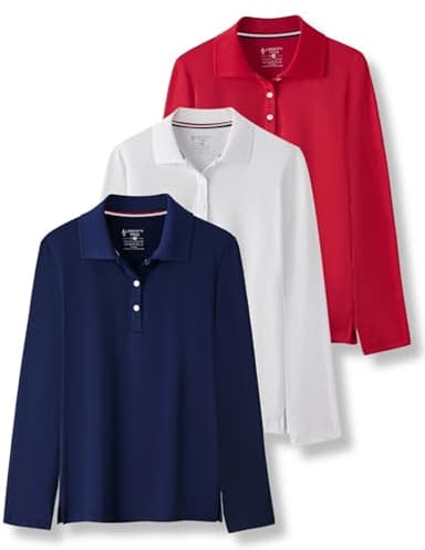3 Pack Youth Girls' Performance Polo Shirts, Long Sleeve Pique Collared Kids School Uniform Tops (Set 3, Medium)