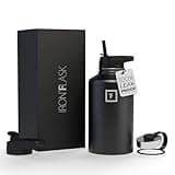 IRON °FLASK Camping & Hiking Hydration Flask with 3 Lids - Stainless Steel, Double Walled & Vacuum Insulated Water Bottle - Leak Proof & BPA Free (Midnight Black, Straw - 64 oz)