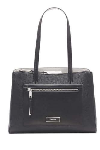 Calvin Klein Women's Hadley Tote Bag – 2 in 1, Vegan Leather, 5 Pockets, Black/Dove, One Size