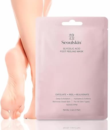 Seoul'Skin Glycoli'c Acid Foot Peel Mask (150,000 PPM) deeply exfoliates, removes dead skin, softens, and hydrates. Vegan, cruelty-free, paraben-free-ideal for all skin types.