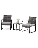 Bezseller 3 Pieces Patio Furniture Set, Outdoor Rattan Bistro Set with Coffee Table, Durable Steel Frame with Strapped Cushions for Garden, Balcony, Poolside, Backyard