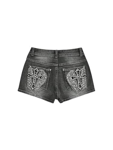 WDIRARA Women's Cross Embroidery Rhinestone Denim Shorts Y2k Grunge Punk Jean Shorts