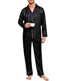 SWOMOG Mens Silk Satin Pajamas Set Long Sleeve Sleepwear Button-Down Pj Two-piece Loungewear with Long Pants (Black Stripe，Large)