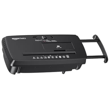 Amazon Basics 8-Sheet Strip Cut Portable Paper, CD, and Credit Card Shredder with Auto-Off, Overheat Protection, Compact Design, No Basket, Extendable Arm, Black