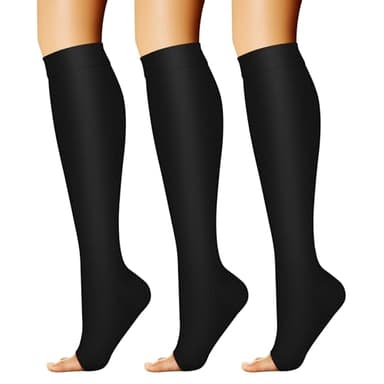 CHARMKING 3 Pairs Open Toe Compression Socks for Women & Men Circulation 15-20 mmHg is Best for All Day Wear Running Nurse (01 Balck/Black/Black, L/XL)