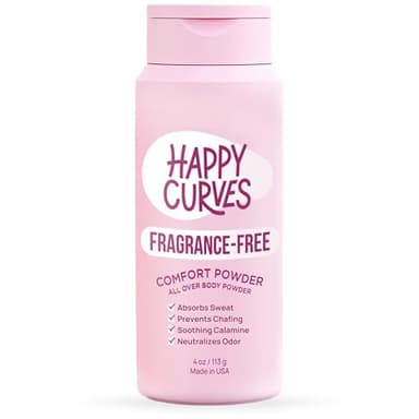 HAPPY CURVES Comfort Powder: Talc Free Anti Chafe Body & Foot Dusting Powder Deodorant to Control Inner Thigh Chafing, Private Areas, and All Over Body for Women (4 Ounce (Pack of 1), Fragrance-Free)
