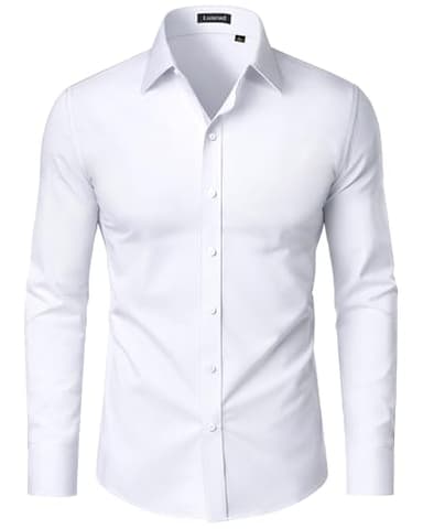 Lusead Dress Shirts for Men White Long Sleeve Button Up Shirt Solid Non-Iron Modern Tailored Stretch Cotton Wedding Offical