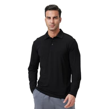 Men's Merino Wool Polo Shirt - Odor-Proof 100% Merino Wool Shirt for Men with Long Sleeves (US, Alpha, Medium, Regular, Regular, Black)