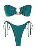 ZAFUL O Ring Bandeau Bikini Sets 2 Piece Strapless Bathing Suit Cutout String Swimwear Green L