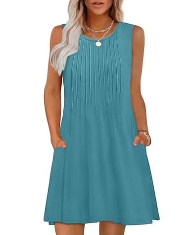 OFEEFAN Summer Dresses for Women 2025 Pleated Spring Beach Vacation Clothes Swing Sleeveless Casual Sundress Coverup Teal L