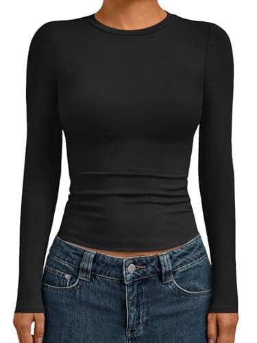 AUTOMET Womens Long Sleeve Shirts Basic Compression Tops Slim Fit Crew Neck Layering Underscrubs Y2K Going Out Clothes Black M