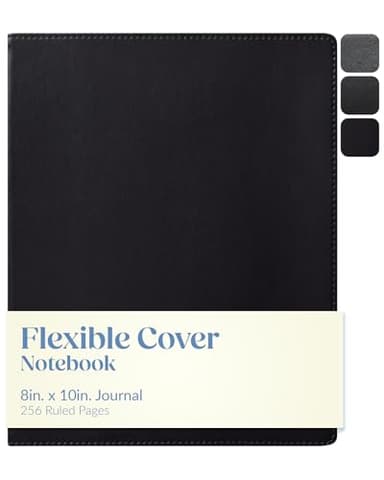 WORLD TRAVELER Eccolo Large Simply Black Lined Journal Notebook, Flexible Faux Leather Cover, Notebook With Lined Ivory Pages, Lay Flat, Ribbon Bookmark, Size 8X10, Black 8X10