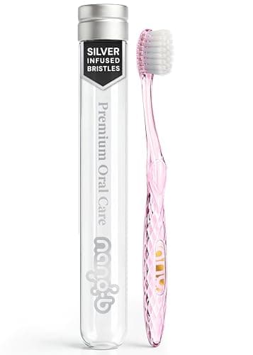 Nano-b Manual Toothbrush for Adults with Sensitive Gums, Silver Soft/Medium Bristles, Travel Case, Pink
