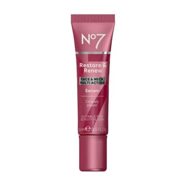 No7 Restore & Renew Multi-Action Face & Neck Serum - Anti Aging Serum for Deep Wrinkle Repair - Collagen Infused Skincare with a Hydrating Blend of Hibiscus Peptides & Hyaluronic Acid (0.5 Fl Oz)