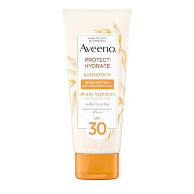 Aveeno Protect + Hydrate Moisturizing Sunscreen Lotion with Broad Spectrum SPF 30 & Prebiotic Oat, Weightless Sweat & Water-Resistant Full Body Sunscreen, Oxybenzone-Free, 3.0 fl. oz