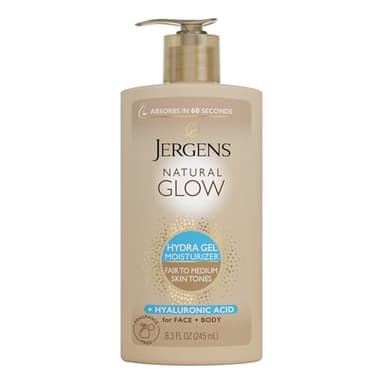 Jergens Natural Glow Hydra Gel Moisturizer, Hyaluronic Acid Tanning Lotion, Hydrating Tanning Gel, Fragrance-Free Self Tanner, Fair to Medium Skin Tones, 8.3 Fl Oz