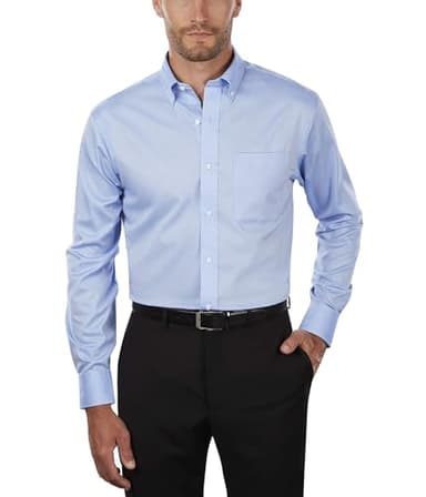 Tommy Hilfiger Men's Non Iron Solid Button Down Collar, Blue, 17.5" Neck 34"-35" Sleeve