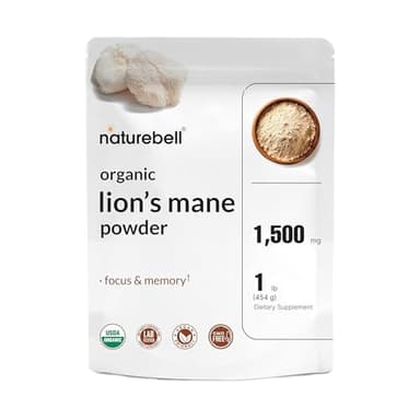 NatureBell Organic Lion’s Mane Powder 1,500mg - 1 lb - Brain, Focus & Memory Support* - Whole Fruiting Body & Mycelium - Non-GMO & Gluten-Free