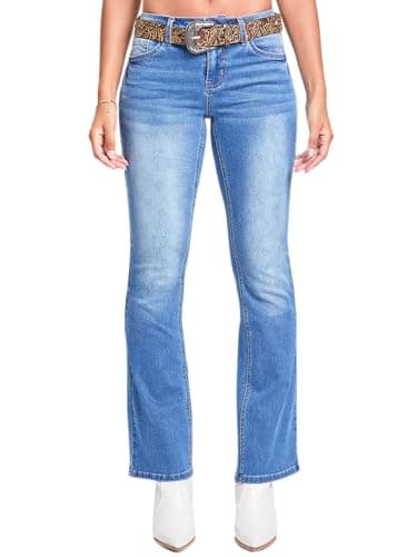YMI Jeans Women's Mid Rise Western Belted Bootcut Jeans, Sky Blue, 03