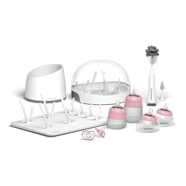 Nanobebe Breastmilk and Silicone Baby Bottle Ultimate Set Gen 2, 5oz and 9oz - with Sterilizer, Drying Rack, Anti-Colic Nipples, Pacifiers, and Warmer - Pink/Grey