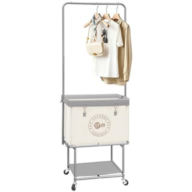 STORAGE MANIAC Rolling Laundry Cart with Hanging Bar & Storage Shelf, 110L Heavy Duty Large Laundry Basket with Clothes Hanging Rod, Study Clothes Hamper with Lockable Wheels, Beige