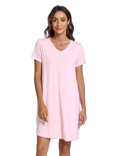 GYS Bamboo Viscose Women's Nightgowns Classic Short Sleeve V Neck Sleep Dress, Pink, Medium
