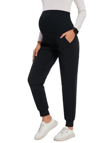 FABRACK Women's Maternity Scrub Jogger Pants Workwear Stretch Comfy Pregnancy Pants with 6 Pockets, S-XXL(Black, Medium)