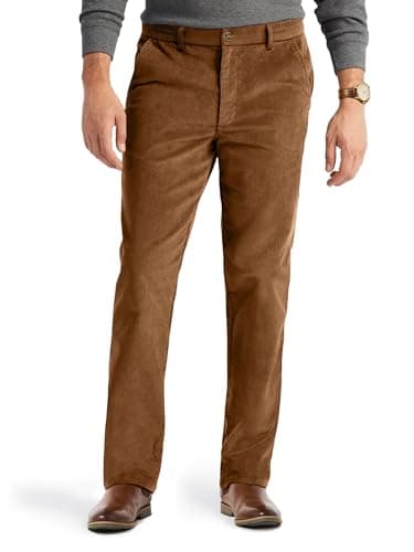 PLEPAN Men's Corduroy Pants - Casual Classic Fit Stretch Elastic Waist Dress Pants Brown Medium