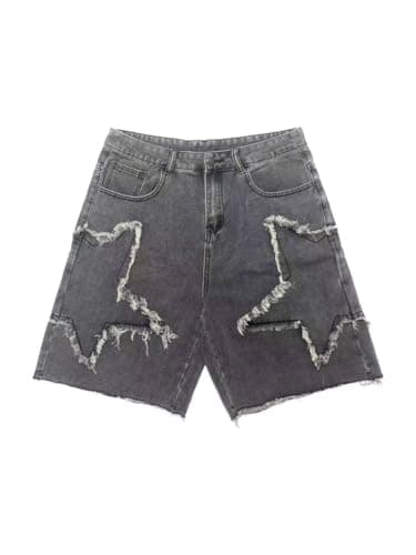 Jilwod Men's Baggy Jean Shorts Grey Vintage Star Pattern Jorts Men Y2K Fashion Casual Loose Denim Shorts Streetwear (US, Alpha, Large, 30, 32, Regular, Regular, Grey)