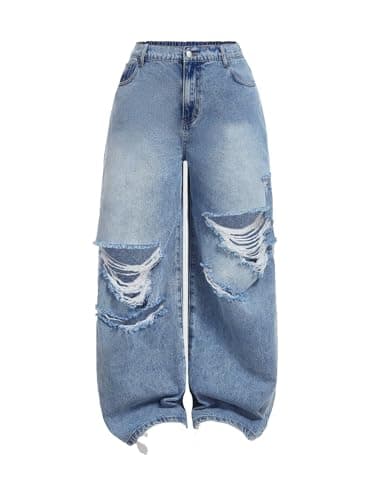 Vaimti Plus Size Wide Leg Distressed Jeans,Relaxed Fit, Ripped Design, Casual Style (US, Alpha, 2X, Plus, Regular, Blue)