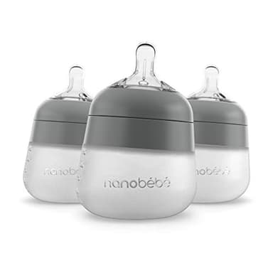 Nanobebe Flexy Silicone Baby Bottle, Anti-Colic, Natural Feel, Non-Collapsing Nipple, Non-Tip Stable Base, Easy to Clean 3-Pack, Gray, 5 oz