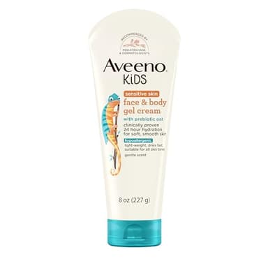Aveeno Sensitive Skin Face & Body Gel Cream for Kids with Prebiotic Oat, Clinically Proven 24 Hour Hydration for Soft Skin, Quick Drying and Lightweight, Hypoallergenic, 8 oz
