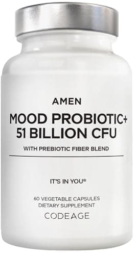 Amen Mood Probiotic Supplement 51 Billion CFU - Organic Prebiotics and Probiotics - Acidophilus Probiotic Pills, Fibers - Mood Organic Ashwagandha, Blueberries - Vegan & Non-GMO - 60 Capsules