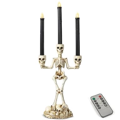 KI Store Skeleton Candelabra with Black LED Candles Set 20-Inch Gothic Decorations for Halloween Fireplace Mantel Table Centerpieces