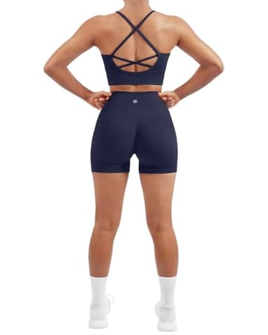 SUUKSESS Women Seamless 2 Piece Workout Sets Criss Cross Padded Sports Bra High Waist Booty Shorts Outfits (Navy Blue, M)